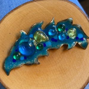 Vintage Ruth Buol fused glass brooch blue green 3.6"